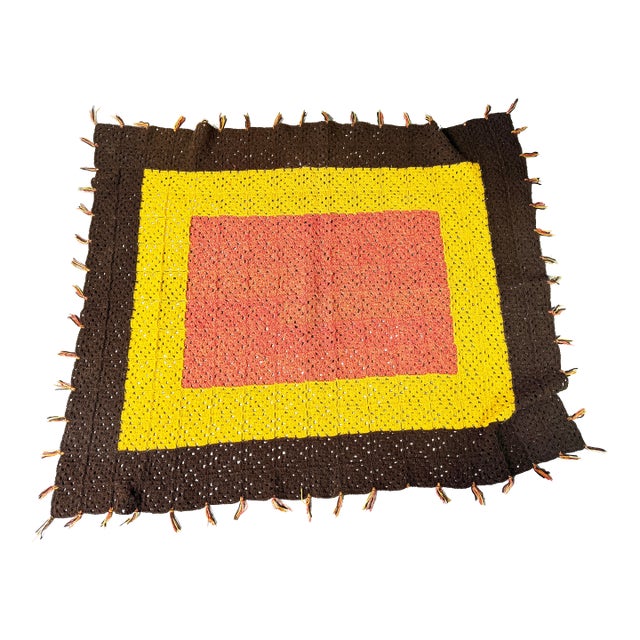 Vintage Handmade Burnt Orange, Golden Yellow, and Chocolate Brown Crochet Blanket – 70” X 52” For Sale