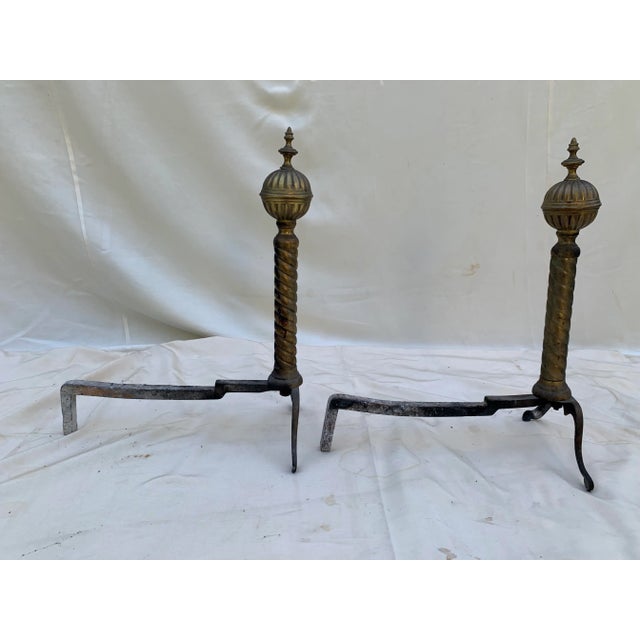Vintage 1960s Wrought Iron and Brass Andirons- a Pair For Sale - Image 4 of 10