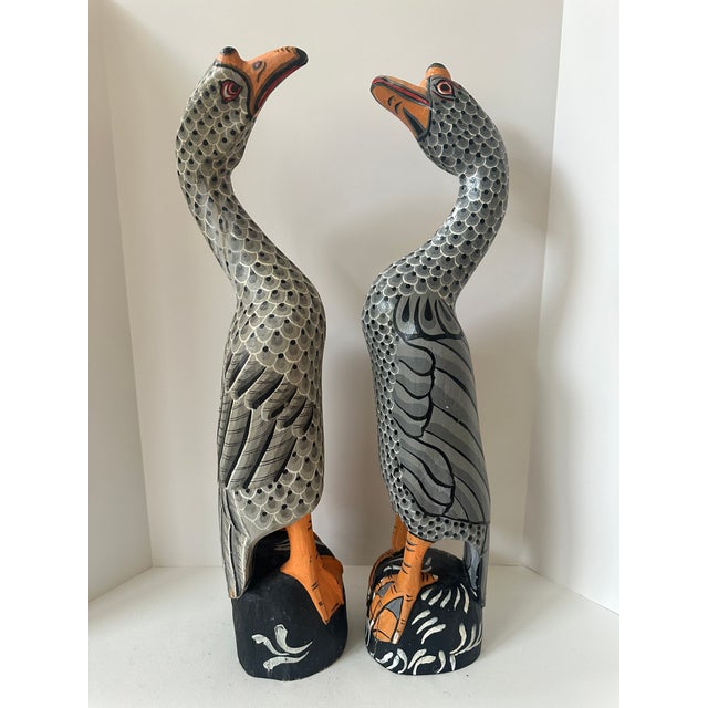 Early 20th Century Hand Carved and Painted Wooden Goose Sculptures - A Pair For Sale - Image 11 of 12