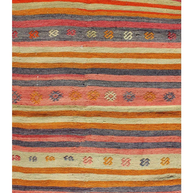 Mid 20th Century Mid 20th Century Mid 20th Century Vintage Turkish Kilim Runner With Geometric Tribal Designs and Colorful Stripes For Sale - Image 5 of 8
