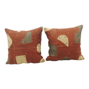 Applique African Raffia, Patchwork and Applique Brown Decorative Pillows - Set of 2