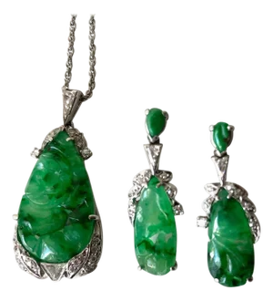 1950s White Gold Diamond Carved Jade Necklace Earrings Set