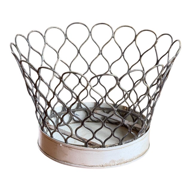 Vintage Metal Wire Basket With Solid Base For Sale