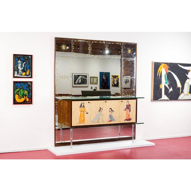 Gio Ponti Mid Century Mirrored Bar Cabinet Credenza With Asian Motif, Made in Italy For Sale - Image 4 of 15