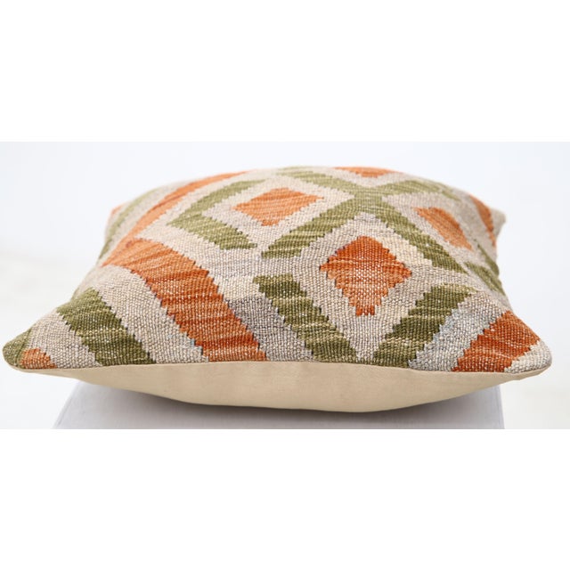 Tribal Arteverk Handwoven Afghan Kilim Pillow — Orange & Green Diamonds For Sale - Image 3 of 3