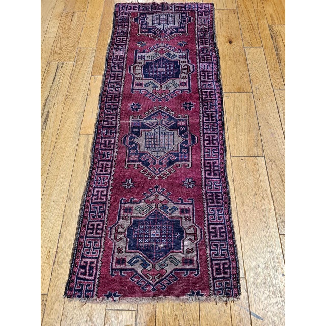 Vintage Turkish Runner, Hand-Knotted Wool, Geometric Design, Red & Navy, 3' x 7' For Sale - Image 4 of 10