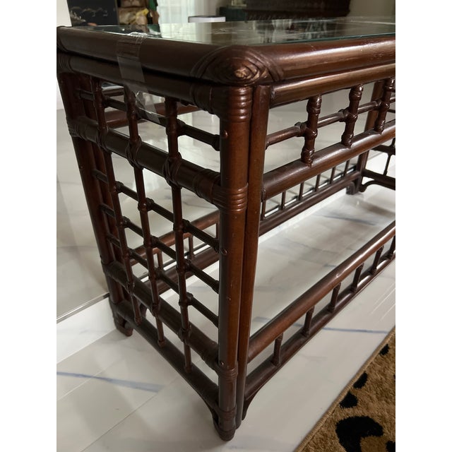 1970s 1970s Hollywood Regency Faux Bamboo Console Table Italian Modernist Style in the Manner of Afra & Tobia Scarpa’s Basilian Era, Mahogany With Glass Top For Sale - Image 5 of 12