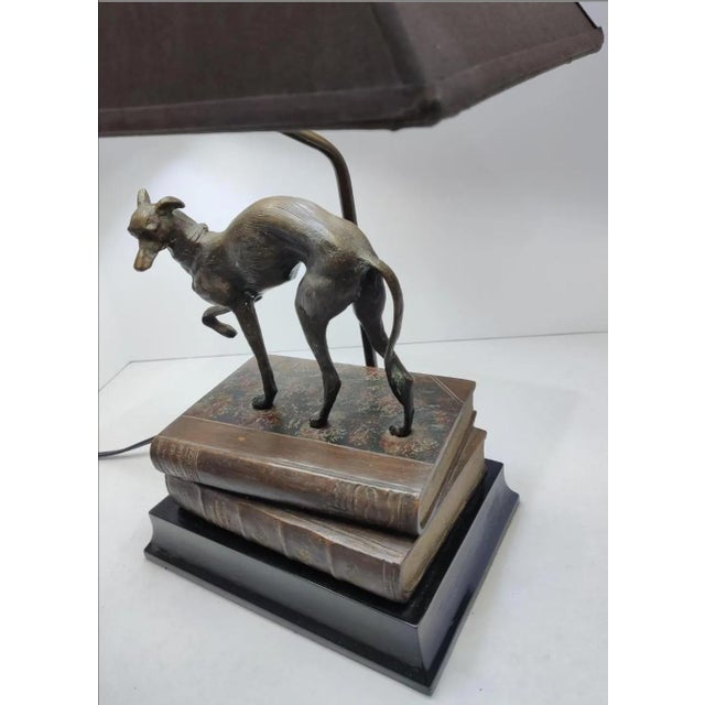 Bronze Vintage 1980s Bronze Whippet / Greyhound Dog Standing on Stacked Books Lamp For Sale - Image 8 of 12