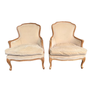 Pair of 1980s Meyer Gunther Martini French Provincial Louis XV Style Bergère Chairs in Beige Velvet
