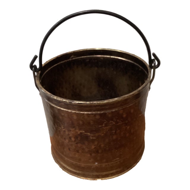Vintage Large Hammered Patinated Brass Kettle/Bucket With Iron Swing Handle For Sale