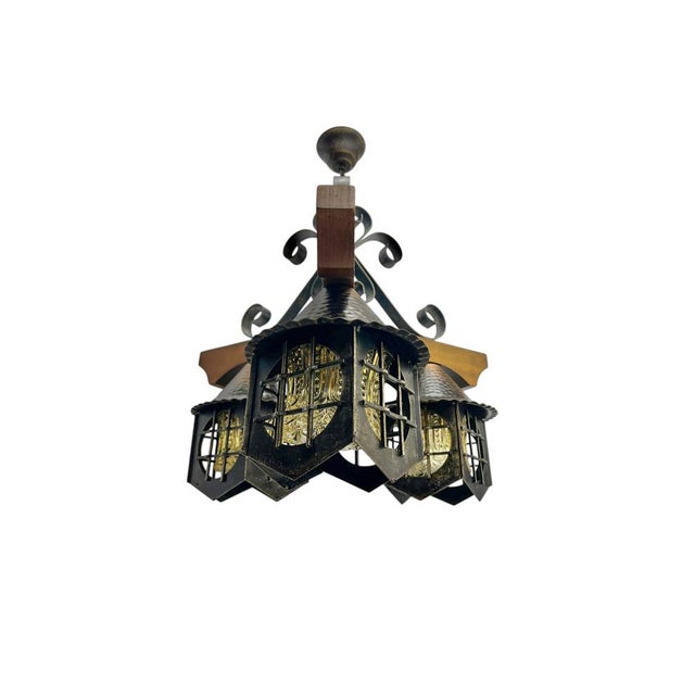 Mid-Century Modern Mid-Century Modern Wrougt Iron and Wood Pendant Lamp, 1970s For Sale - Image 3 of 12