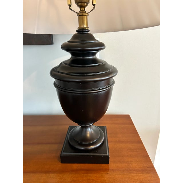 Late 20th Century Sculptural Solid Wood Pedestal Table Lamp With Pleated Silk Shade For Sale - Image 9 of 12