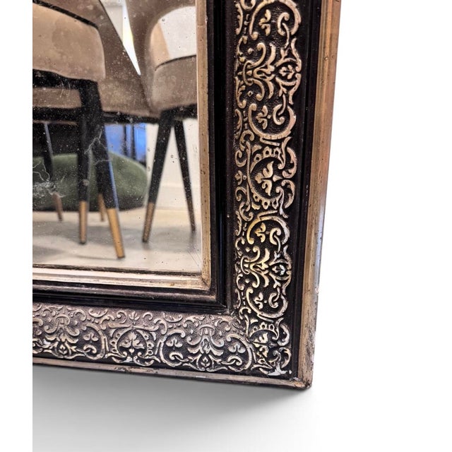 Antique Victorian Gothic Mirror with Silver Leaf Inlay over Black Gesso Frame, 1850 For Sale - Image 3 of 12