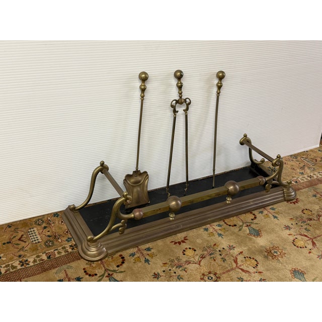 Brass Fireplace Fender + Three-Piece Tool Set, Vintage For Sale - Image 4 of 12