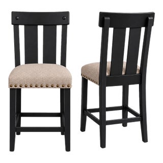 Set of 2 Counter Height Stools – Matte Black Finish With Upholstered Seats & Nailhead Trim For Sale