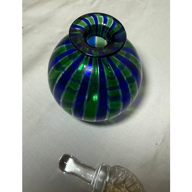 Bottle Green Vintage Hand Blown Italian Murano Green Blue Gold Glass Scent Perfume Bottle Jar For Sale - Image 8 of 11