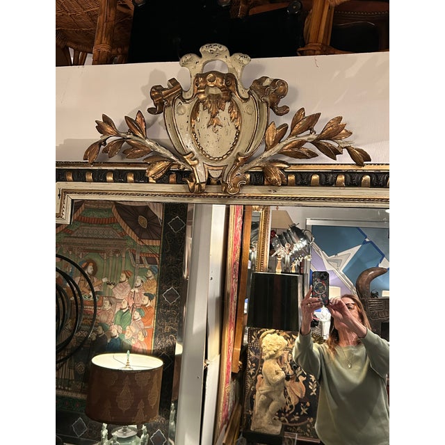 Monumental Carved French Napoleon III Painted Gilded Wood Mirror For Sale - Image 4 of 10