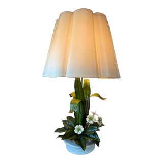 1960s Mid-Century Modern Tole Safran & Glucksman Floral Table Lamp and Scalloped Silk Shade - 38" Tall For Sale