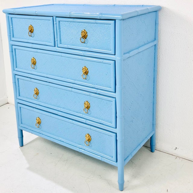 Coastal Vintage Faux Bamboo & Woven Wicker Lacquered Chest of Drawers For Sale - Image 3 of 15