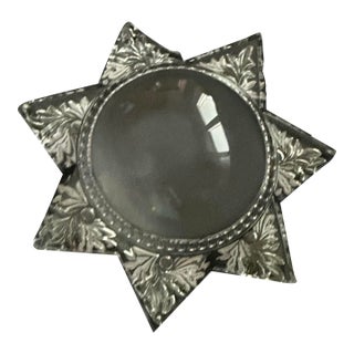 Antique 1920s Art Deco 7 Point Star Heavy Glass Paperweight Magnifying Glass For Sale