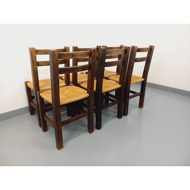 1960s Vintage Brutalist Chairs in Oak and Straw, 1960s, Set of 6 For Sale - Image 5 of 18