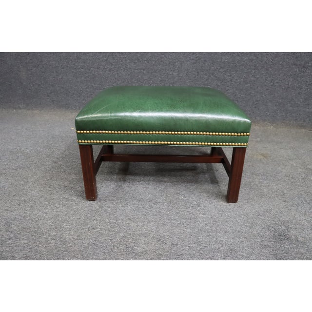 Hancock & Moore Chippendale-Style Green Leather Wingback Chair & Ottoman For Sale - Image 17 of 17