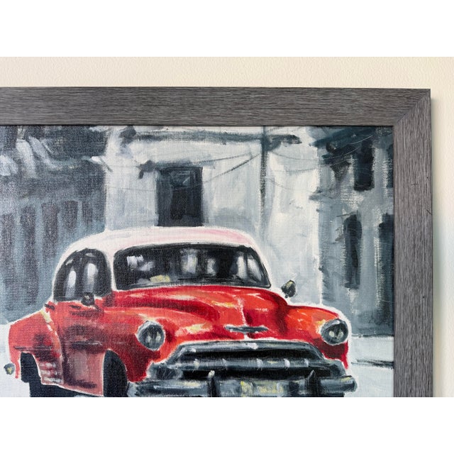 Textile Modern Impressionist Havana Cuba Street Scene Oil on Canvas Painting With Red Classic Car, Signed For Sale - Image 7 of 11