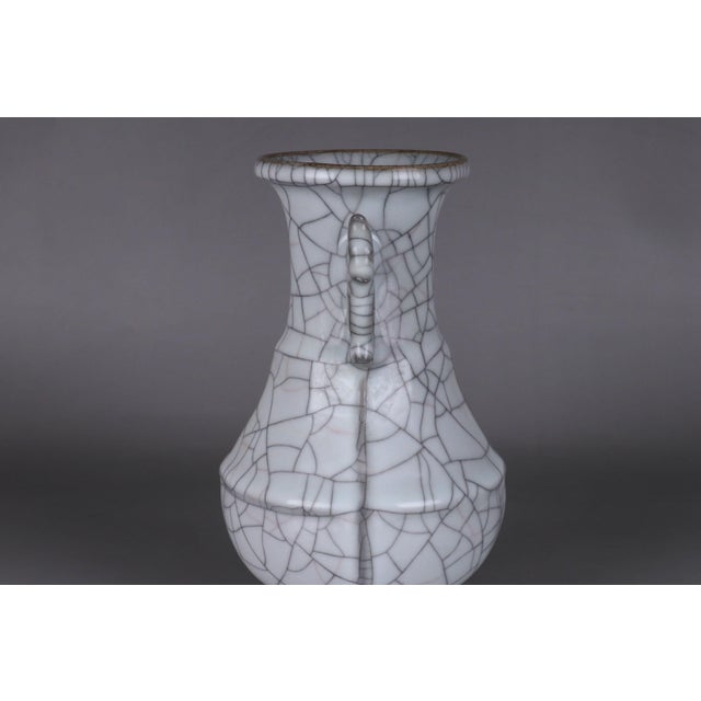 Celadon Chinese Ceramic Vase Guan Ware Crackle Glaze Celadon Double Ears Vase For Sale - Image 8 of 11