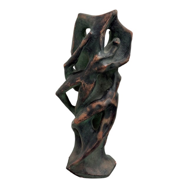 Vintage Hand Carved Abstract Ceramic Figurative Sculpture With Verdigris Finish For Sale