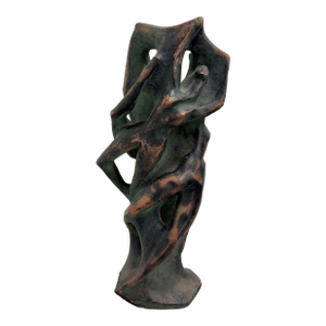 Vintage Hand Carved Abstract Ceramic Figurative Sculpture With Verdigris Finish