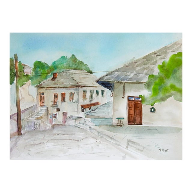 Mediterranean Village Street Scene Watercolor Painting For Sale