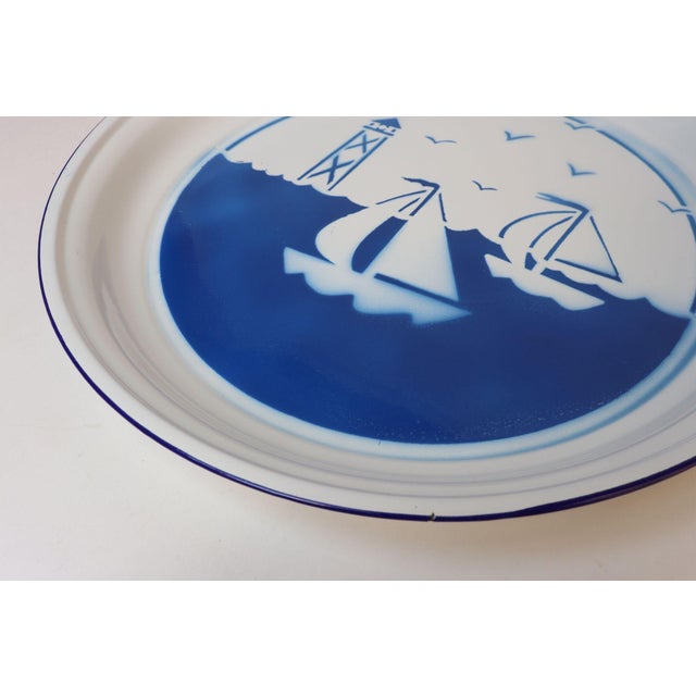 Metal Large Vintage Blue and White Enamelware Platter / Tray With Sailboat and Lighthouse Motif For Sale - Image 7 of 11