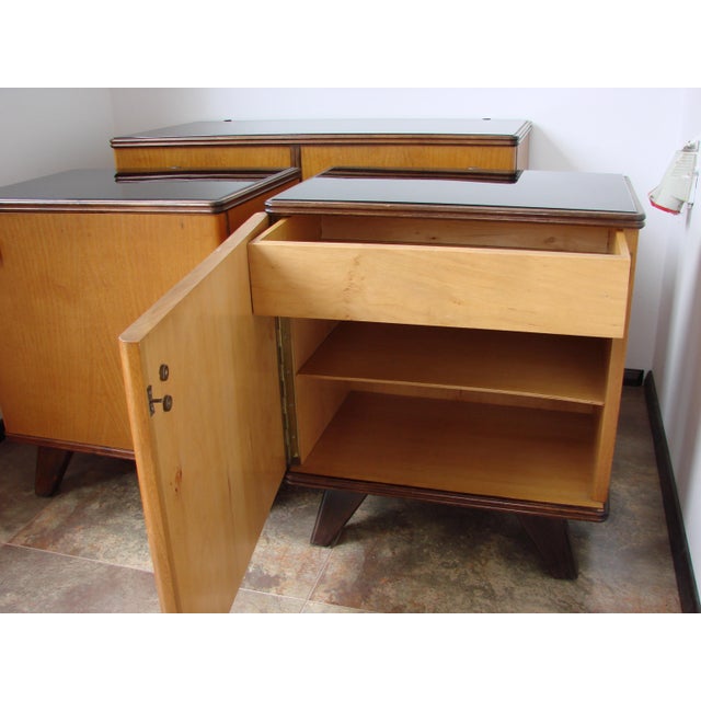 Vintage Bedside Tables in Wood with Black Glass Tops, 1950s, Set of 2 For Sale - Image 9 of 10