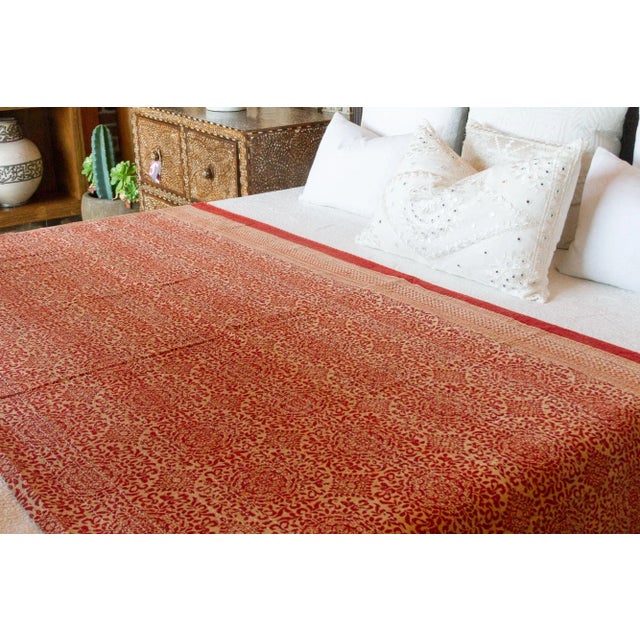 Red Carnation Block Print Cotton Indian Blanket For Sale - Image 4 of 10