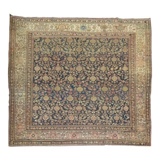 Square Size Antique Early 20th Century Blue Beige Dusty Rose Persian Malayer Rug For Sale