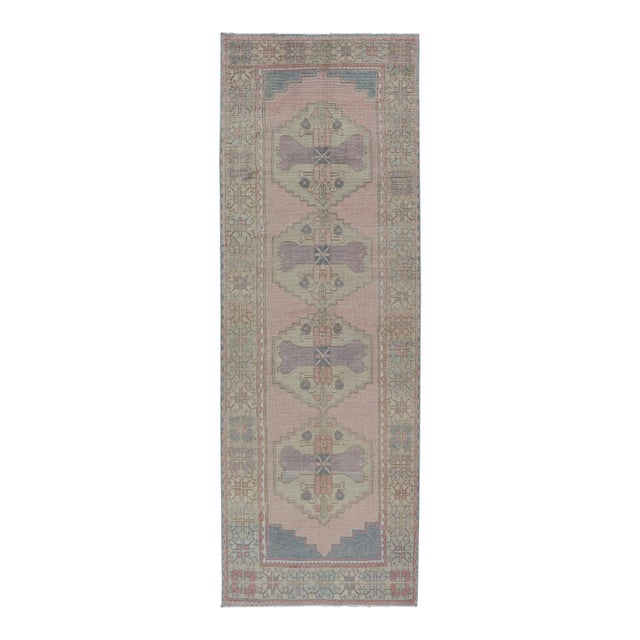 Turkish Vintage Oushak Runner With Medallion's in Pink, Gray, and Light Yellow 2'11 X 8'9 For Sale