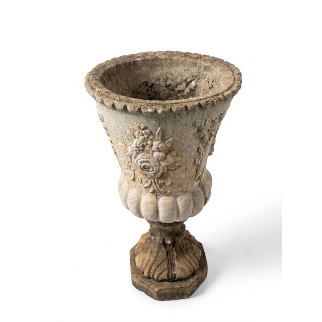 French Vintage French Style Cast Stone Floral Relief Garden Urn For Sale - Image 3 of 8