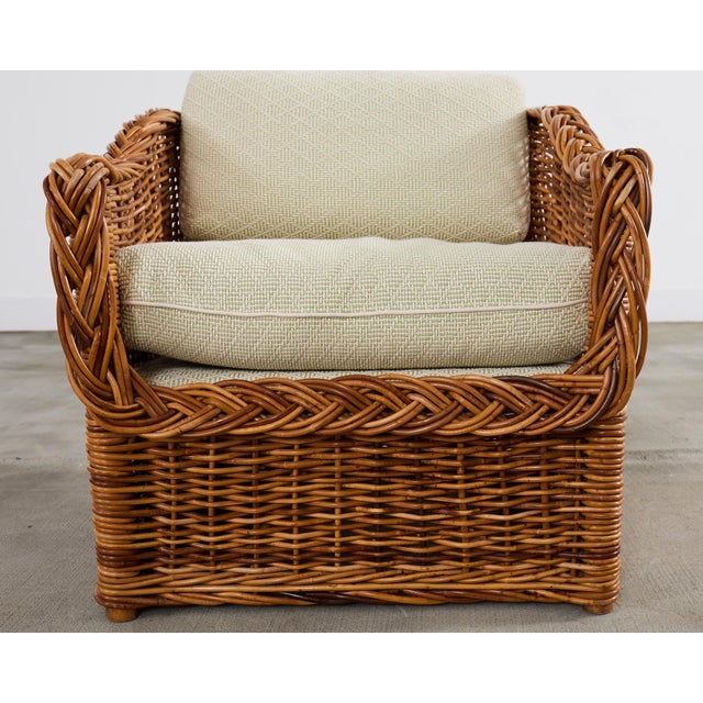 Michael Taylor Style Wicker Rattan Armchair in Scalamandre For Sale - Image 14 of 14