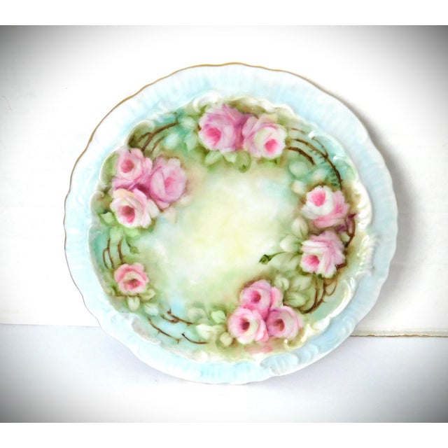 Charming Antique Turn of the Century Victorian Hand-Painted Pink Rose Floral Porcelain Trivet with Gold Leaf Rim, painted...