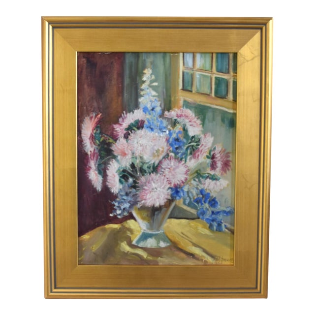Vintage Colorful Bouquet of Flowers Oil Painting Including the Antiqued Gold Wood Frame For Sale