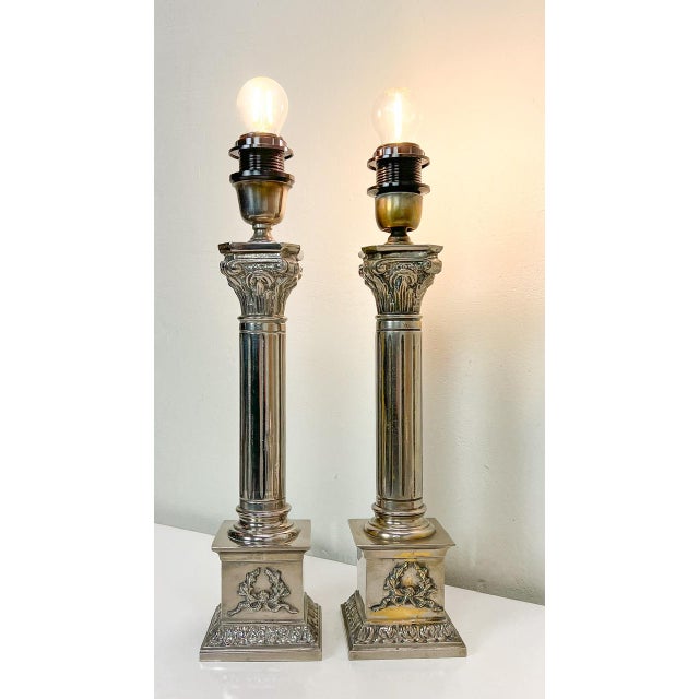 Nickel-Plated Brass Column Table Lamps in the style of Greek, 1970s, Set of 2 For Sale - Image 10 of 11