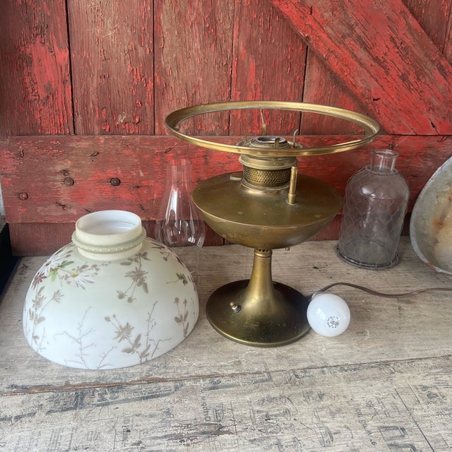 Vintage Brass Electric Lamp With Floral Glass Shade For Sale - Image 13 of 14