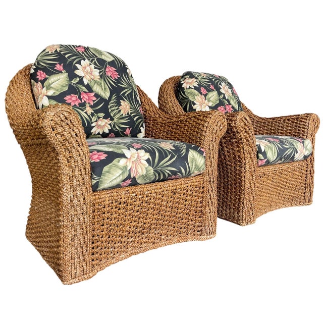Contemporary Vintage Sculptural Braided Rattan Lounge Armchairs in Tropical Upholstery, Pair For Sale - Image 3 of 12