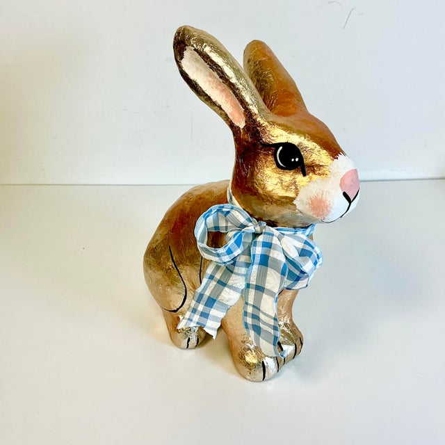 Boho Chic 1980s Vintage Arts & Crafts Boho Chic Foil Covered Hand-Painted Papier Mache’ Bunny - Easter For Sale - Image 3 of 18