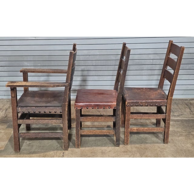 Set of 6 Stickley Arts & Crafts Oak Dining Chairs Leather Seats Early Gustav Stickley For Sale - Image 10 of 13