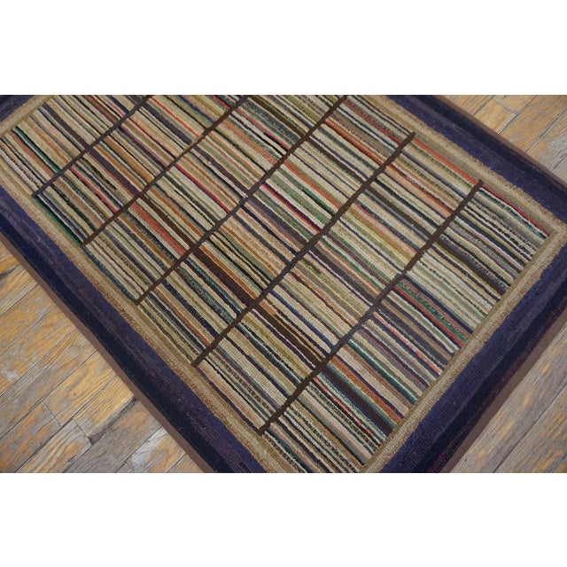 1920s Multi Purple Stripe Folk Art Antique American Hooked Rug 2'7" X 3'8" Knotted Wool Carpet For Sale In New York - Image 6 of 13