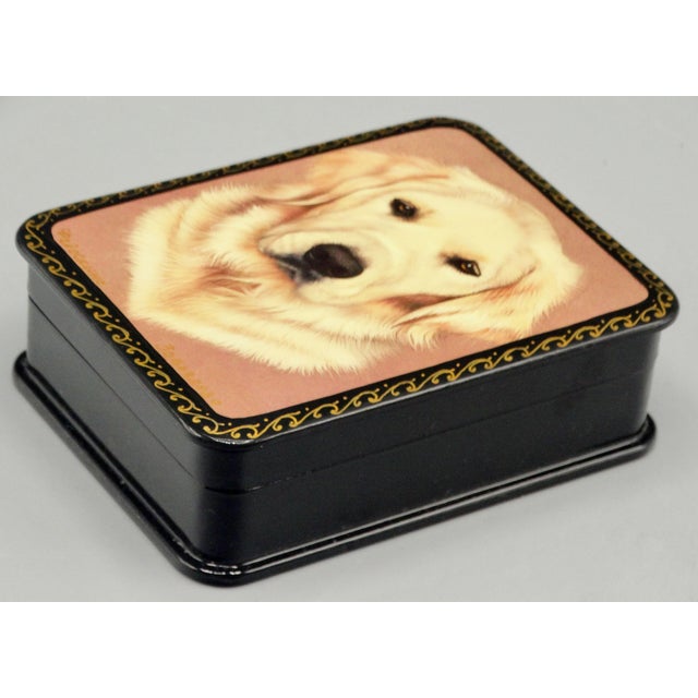 Russian Lacquer Papier Mache Box With Golden Retriever Dog Portrait For Sale - Image 12 of 12