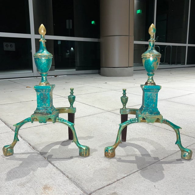 Mid 20th Century Pair of Federal Style Urn Finial Andirons in Patinated Brass From Virginia Metalcrafters For Sale - Image 5 of 13