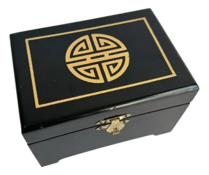 Chinoiserie Trinket Box Black Lacquer Gold Chinese Medallion Hinged Lid