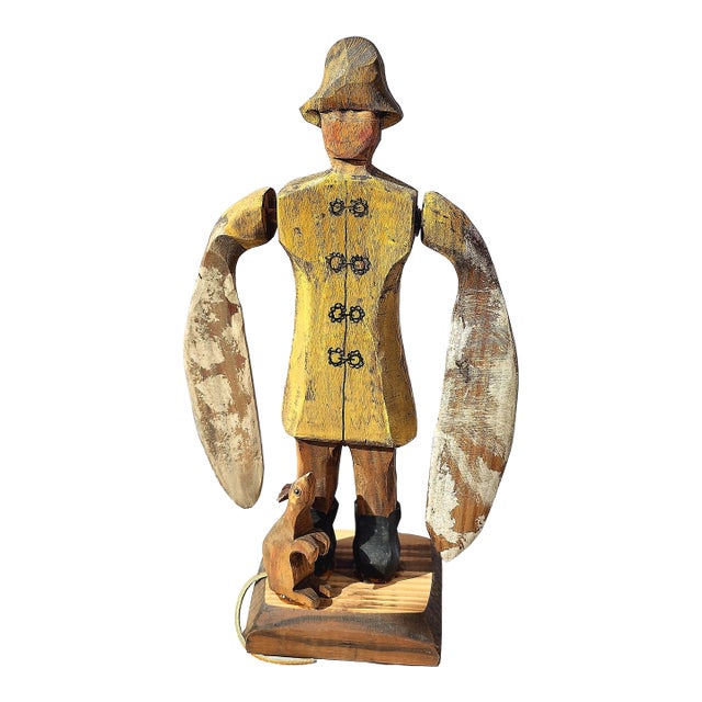 17" Antique Folk Art Sailor in Slicker- Paddle Arm Whirligig & Ship's Pet Rat For Sale